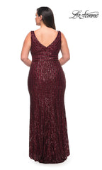 La Femme Striped Sequin Long Plus-Size Prom Dress